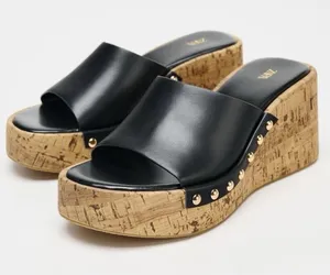 Zara Black Leather Cork-Platform Wedge Slides with Gold Studs thumbnail 1
