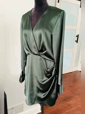 ZARA Emerald Green Satin Wrap-Style Long Sleeve Dress🌹 thumbnail 9