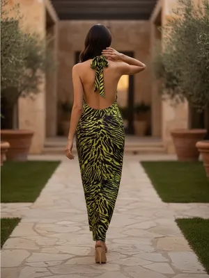 Ganni Women’s Lime Tiger Halter Top Dress Size 42/L Silk NWT Casual Evening Dres thumbnail 2