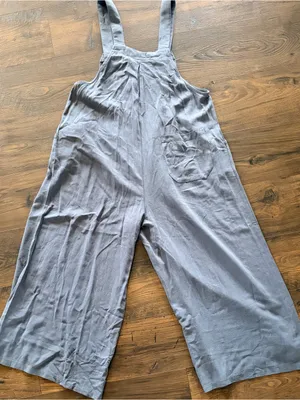 ANRABESS Medium Slate Blue Linen Blend Sleeveless Wide Leg Overalls Jumpsuit thumbnail 4