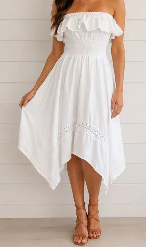 SEASPICE White Off-Shoulder Ruffle Sundress Peruvian‎ Cotton Handkerchief Hem M thumbnail 1