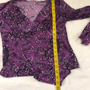 Y2K Vintage Purple paisley top shirt blouse long flare sleeves w/slit beaded rhinestone embroidery #whimsygoth #fairy #grunge thumbnail 6