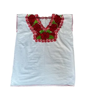 Mexican Embroidered Blouse Artesanal Floral Top White Cotton Boho Festival thumbnail 4