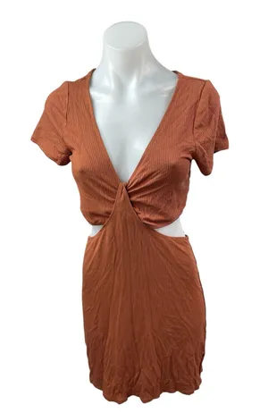 Abercrombie & Fitch Rust Brown Short Sleeve V Neck Rib Knit Cutout Mini Dress M thumbnail 1