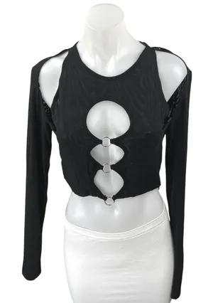 NEW White Fox Black Long Sleeve Cutouts Cold Shoulder Blouse Crop Top Size M thumbnail 1