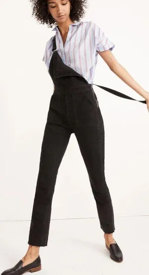 MADEWELL Skinny Overalls in Lunar Wash Black Denim Raw Hem Size L thumbnail 1
