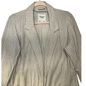 Abercrombie &‎ Fitch Womens L Tan White Striped Linen Blend Open Front Blazer thumbnail 4