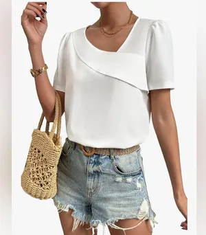 NEW Elegant Asymmetrical Neck Puff Sleeve Blouse Short Sleeve Blouse Top M thumbnail 1