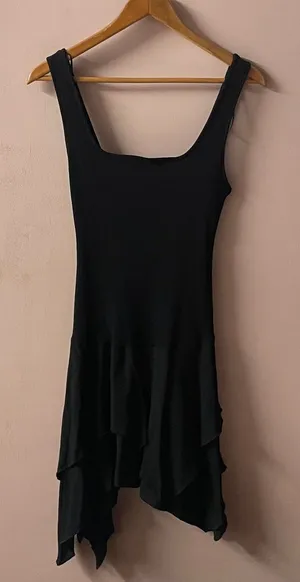 Zara Black Ribbed Bodice Asymmetrical Tiered Flowy Skirt Mini Dress Size M NWT thumbnail 1