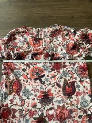LOFT Short-Sleeve Floral Ruffle Blouse - Cream w/ Maroon & Blue Patterns Large thumbnail 2