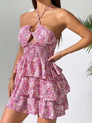 SHEIN Pink Floral Halter Ruffle Dress thumbnail 1