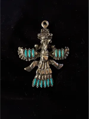 Vintage Southwestern Silver-Tone Thunderbird Kachina Pendant with Faux Turquoise thumbnail 2