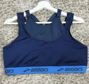 Brooks Running Sports Bra Womens Blue Mesh Strappy High Neck Crop Top Size L thumbnail 1