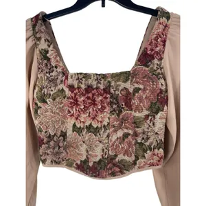 Tapestry Floral Crop Top Square Neck Puff Sheer Sleeve Renaissance Cottage Top S thumbnail 3