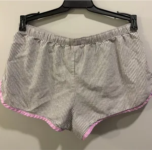 Victoria’s Secret Striped Embroidered Detail Long Sleeve Oversized Pajama Top and Shorts Set Grey and Purple thumbnail 8