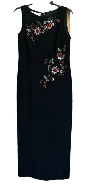 Maggy London Petites Maxi Dress 10 Sleeveless Embroidered Sequin Dark Floral Art thumbnail 1