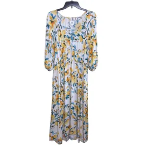 Gap Maternity Dress Womens Large Floral V-Neck Midi Boho Puff Sleeve Yellow Blue thumbnail 2