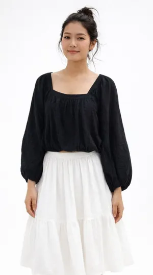Free People Balloon Sleeve Cropped Black Blouse - Size Small thumbnail 1