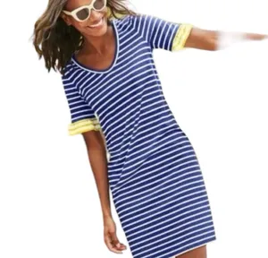 Boden Blue White Striped Vneck Mini Dress Yellow Ruffle Sleeve 8 8L Tall Coastal thumbnail 1