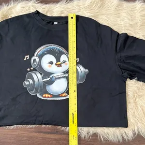 Weight Lifting Penguin Graphic Crop Top Cotton M Black Multi Workout Shirt thumbnail 5