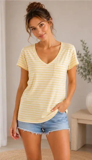 Garnet Hill Organic Cotton Striped Tee Yellow White Size XS thumbnail 1