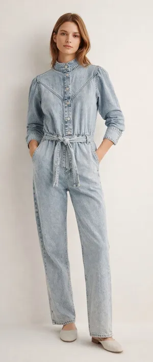 MNG Denim Jumpsuit Women's‎ XS Light Wash Tie Waist Button Front Western NWT thumbnail 1
