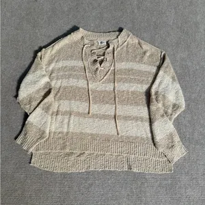 BKE Buckle Women’s Cream Striped Lace-Up V-Neck Knit Sweater - Size Small thumbnail 4