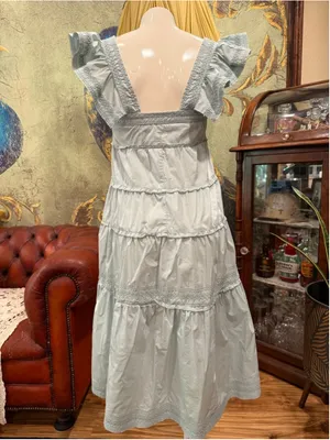 KARLIE Light Blue Cotton Smocked Tiered Ruffle Dress Midi Cottagecore Pockets M thumbnail 6