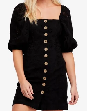 NWT! Free People Daniella Eyelet Cotton Boho Lined Mini Dress Size 8 Black New! thumbnail 1