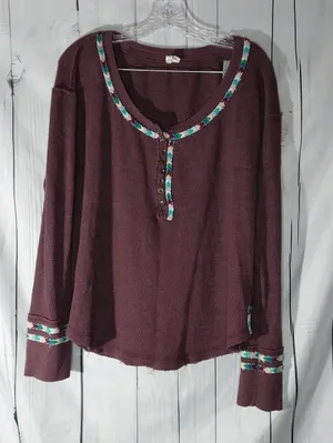 We The Free Plum Henley Boho Hippie Indie Earthcore Waffle Knit Long Sleeve Top thumbnail 1