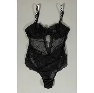 Black Polka Dot Dots Floral Lace Teddy Onesie Bodysuit Lingerie Size XS 🖤 thumbnail 2