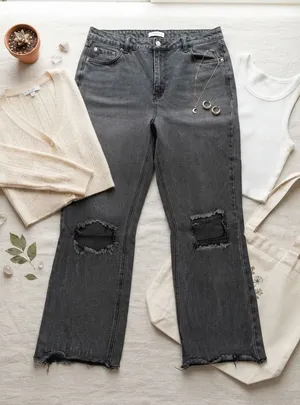 Avec Les Filles Distressed High Rise Straight‎ Leg Jeans Washed Black Size 31 thumbnail 1