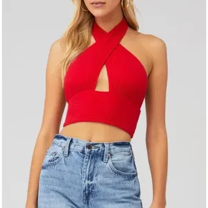 NWT Callahan Knitwear Mimi Ribbed Cropped Halter Tank Top in Red‎ thumbnail 3