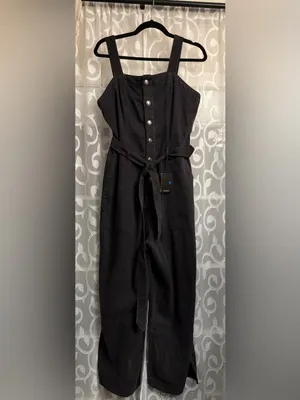 OAT New York Size 12 Black Denim Wide Leg Utility Jumpsuit Tie Waist NWT thumbnail 4