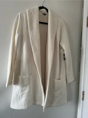 NWT Eddie Bauer Cream White Sherpa Open Front Cardigan Jacket Large Cozy Lounge thumbnail 1
