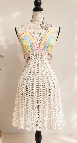 Love Tease ✨ Love Sense Crochet Rainbow Halter Mini Dress Cover Up S/M Pastel Festival Boho ✨ thumbnail 1