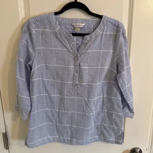 Christopher & Banks Blue Windowpane Plaid Crochet Lace Pom Pom Blouse Small thumbnail 1
