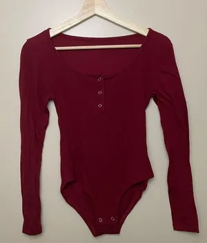 Burgundy Red Long Sleeve Button Up Body Suit by thumbnail 1