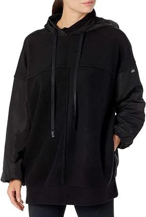 Alo Yoga Black Mixed Media Nylon Oversized Relaxed Hoodie Size Small Gym Travel thumbnail 1