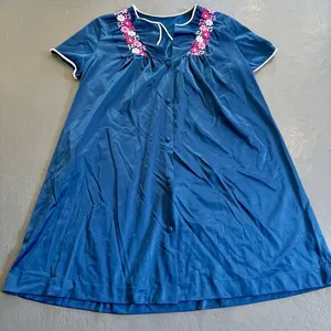 Vintage Navy Blue Embroidered Silky Night Gown with Cap Sleeves M/L thumbnail 1