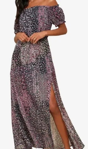 Lulus Neva Navy Floral Off Shoulder Maxi Dress Small Boho Garden Party thumbnail 1