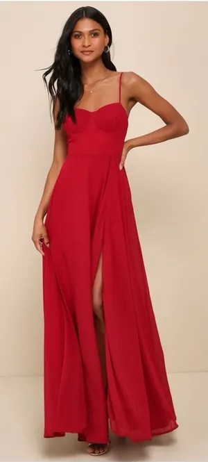 LULU’S Cause For Commotion Red Pleated Bustier Maxi Dress thumbnail 1