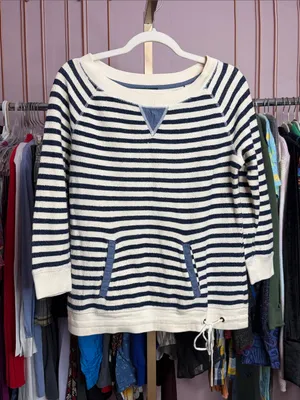 Lauren Ralph Lauren Navy Cream Striped Pullover Sweatshirt Drawstring Hem XS thumbnail 2