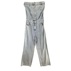 The Post Strapless Denim Jumpsuit S Light Wash Button Front Wide Leg‎ Y2K thumbnail 2