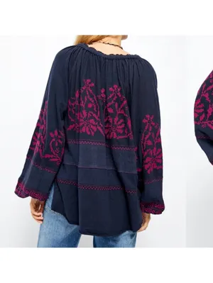 Free People Persuasion Embroidered Boho Chic 100% Cotton Floral Blouse -medium thumbnail 2