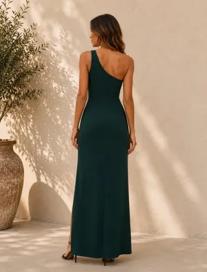 Lulu's One-Shoulder Dark Emerald Green Evening Gown thumbnail 3