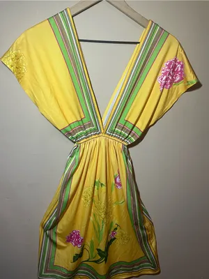 XXI Forever 21 Yellow Floral Kimono Sleeve Tunic Cover Up Dress S Boho Tropical thumbnail 2
