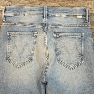 MOTHER Light Blue Flare Jeans The Insider Crop Strep Fray thumbnail 7