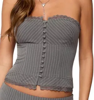 Edikted Gray Lace Pinstripe Corset Top thumbnail 1