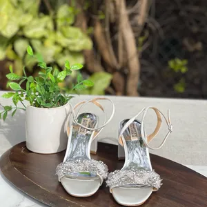 Badgley Mischka White Jeweled Block Heel Sandals thumbnail 6